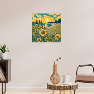 Póster Paisaje de girasoles acuáticos al estilo Van Gogh