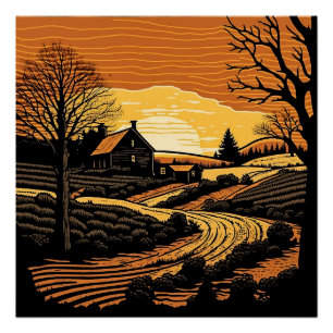 Póster Paisaje de Grabado en Madera