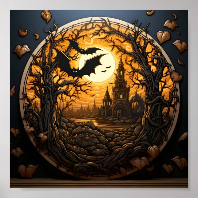 Póster Paisaje De Halloween En El Bosque Con Murciélagos  (Frente)