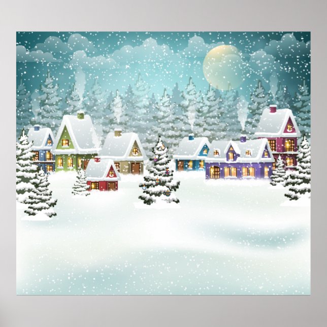 Póster Paisaje de invierno de aldea con casas cubiertas d (Frente)
