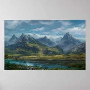 Póster Paisaje de la hierba del río de las montañas