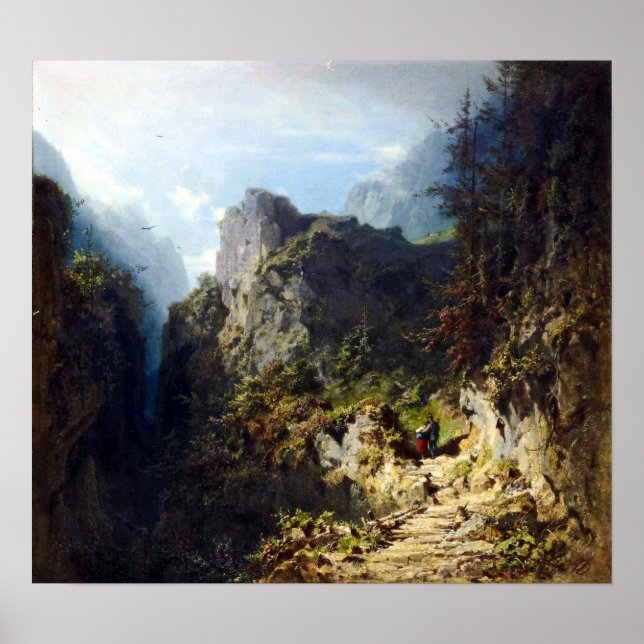 Póster Paisaje de la montaña Carl Spitzweg con amantes (Frente)