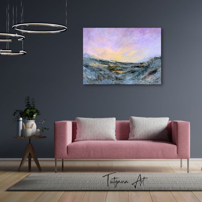 Póster Paisaje de la montaña Purple Sunrise Sky Mountain  (Purple Sunrise Sky Mountain Landscape Abstract Art as wall art painting in living room.)