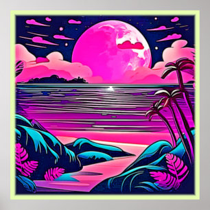 Póster Paisaje de la playa de Neon Moon Rosa