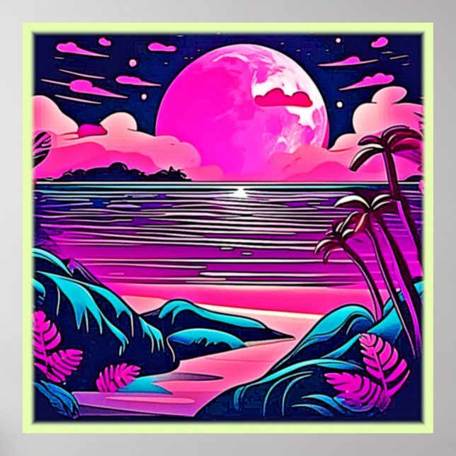 Póster Paisaje de la playa de Neon Moon Rosa (Frente)