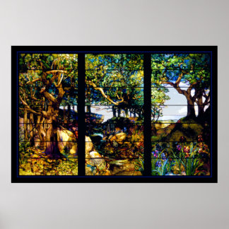 Póster Paisaje de la ventana de vidrio manchado de Tiffan