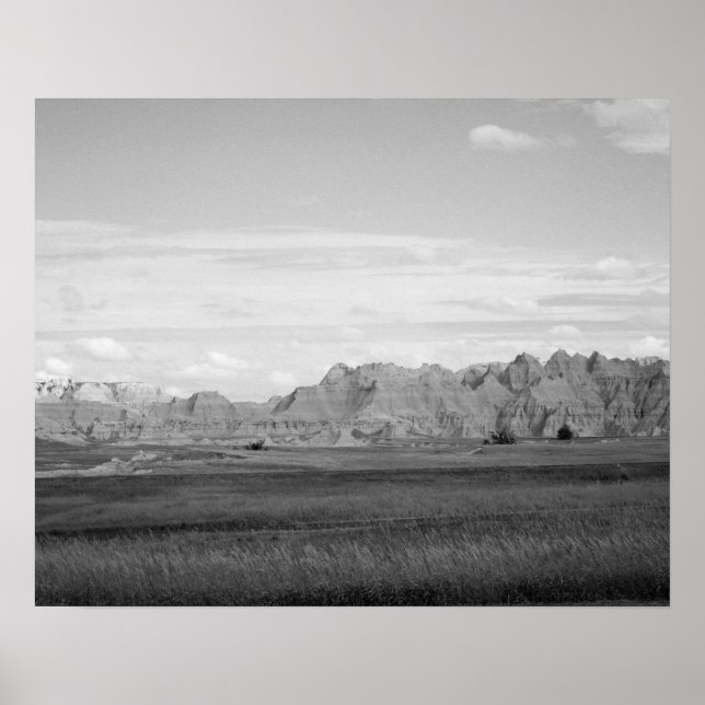 Póster Paisaje de las Badlands en blanco y negro 16x20 (Frente)