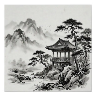 Póster Paisaje de lavado de tinta de Corea
