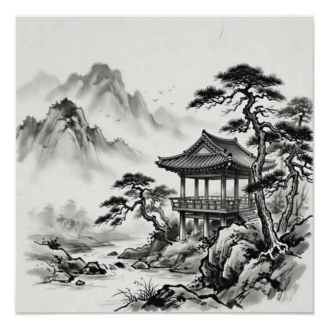 Póster Paisaje de lavado de tinta de Corea (Anverso)