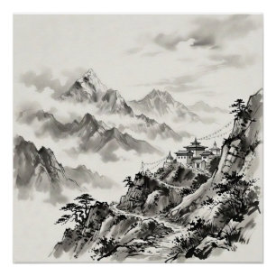 Póster Paisaje de lavado de tinta de los Himalayas de Nep