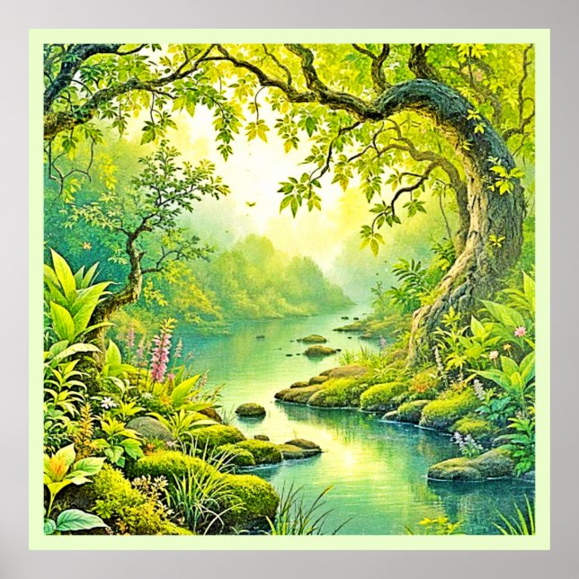 Póster Paisaje de los bosques iluminados por el sol (Frente)