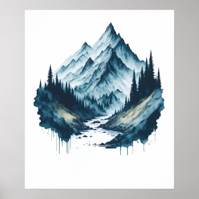 Póster Paisaje de montaña acuarela con río (Frente)