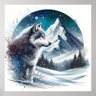 Póster Paisaje de montaña invernal con lobo