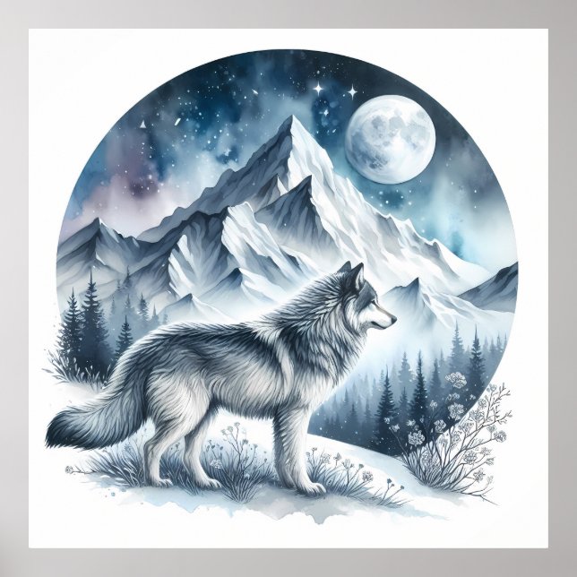 Póster Paisaje de montaña invernal con lobo (Frente)
