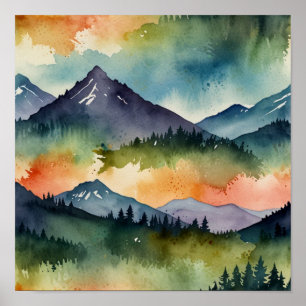 Póster Paisaje de montaña minimalista con acuarela