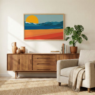 Póster Paisaje de montaña retro Ilustracion amarillo azul