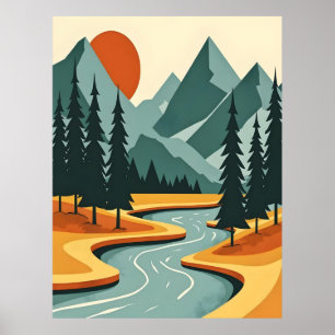 Póster Paisaje de montaña Retro Ilustracion Azul Rojo