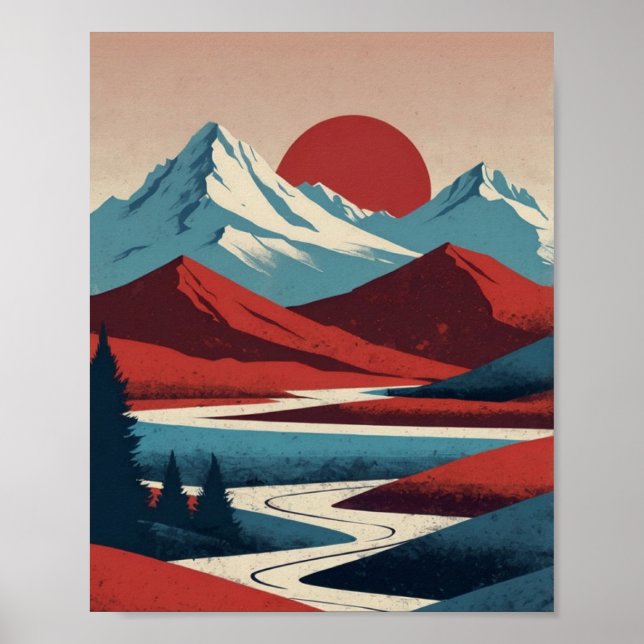 Póster Paisaje de montaña Retro Ilustracion Azul Rojo (Frente)