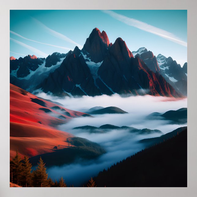 Póster Paisaje de montaña Retro Ilustracion Azul Rojo (Frente)