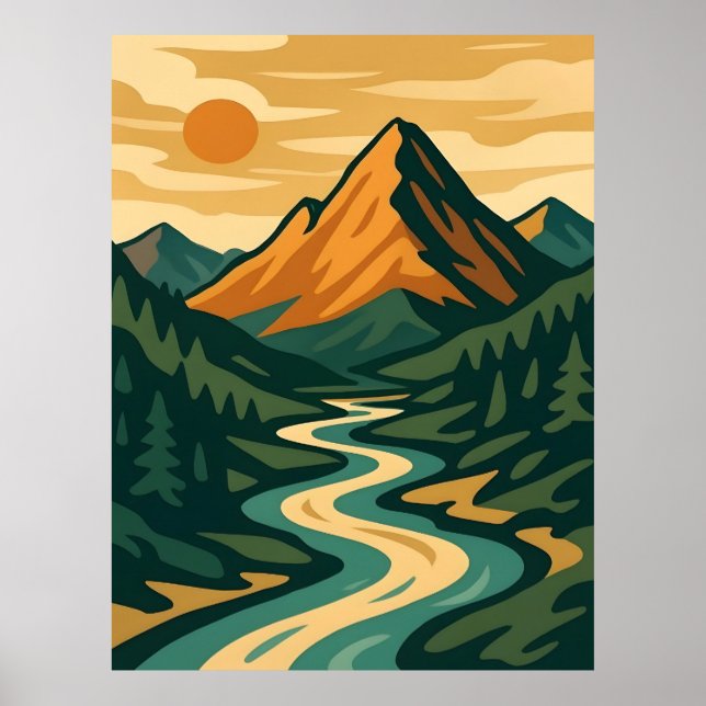Póster Paisaje de montaña Retro Ilustracion Azul Rojo (Frente)