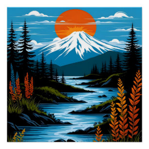 Póster Paisaje de montaña Retro Ilustracion Azul Rojo