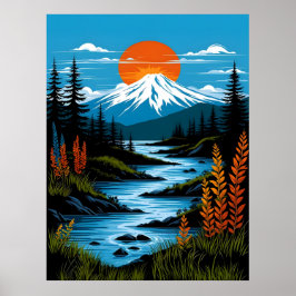 Póster Paisaje de montaña Retro Ilustracion Azul Rojo