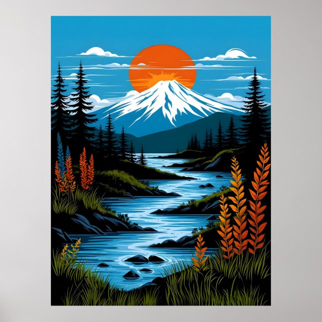 Póster Paisaje de montaña Retro Ilustracion Azul Rojo (Frente)