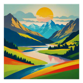 Póster Paisaje de montaña Retro Ilustracion colorido