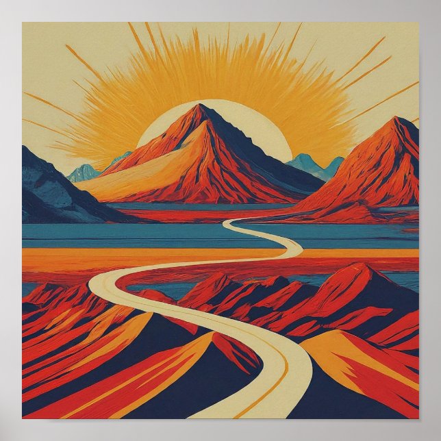 Póster Paisaje de montaña Retro Ilustracion Rojo moderno (Frente)