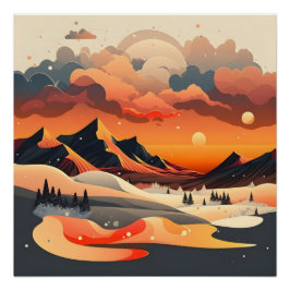 Póster Paisaje de montaña Retro Sunset