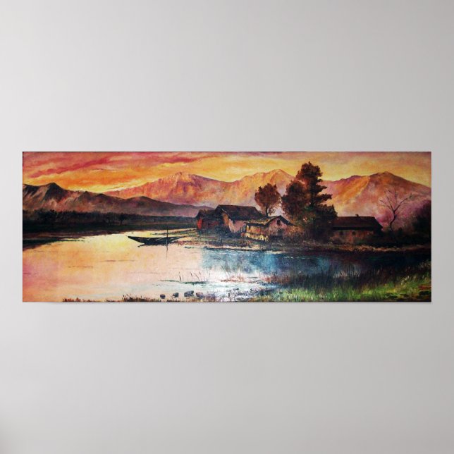 PÓSTER PAISAJE DE MONTAÑA ROSA LAGO ALPINE SUNSET (Frente)