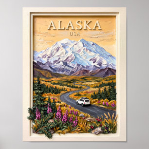 Póster Paisaje de Montañas Nevadas Vintage en el Viaje po