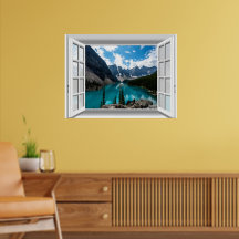Paisaje de montañas y lago en 3D Vista de ventana