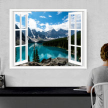 Paisaje de montañas y lago Vista de ventana falsa