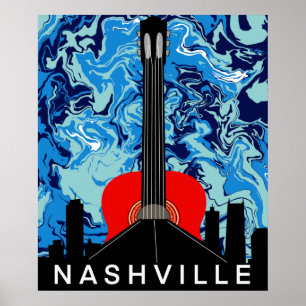 Póster Paisaje de Nashville con Guitarra Roja