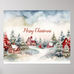 Póster Paisaje de Navidades de Pinos Verdes de Casas Roja