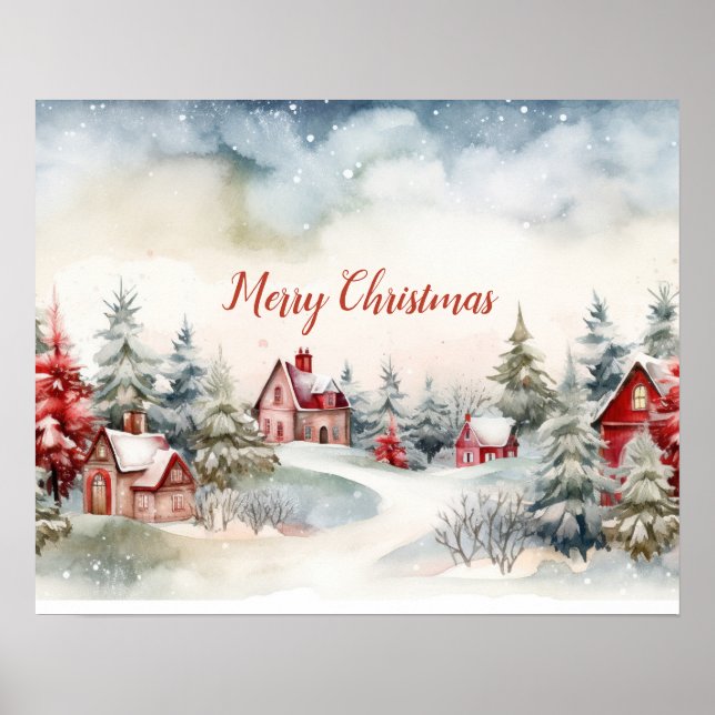 Póster Paisaje de Navidades de Pinos Verdes de Casas Roja (Frente)