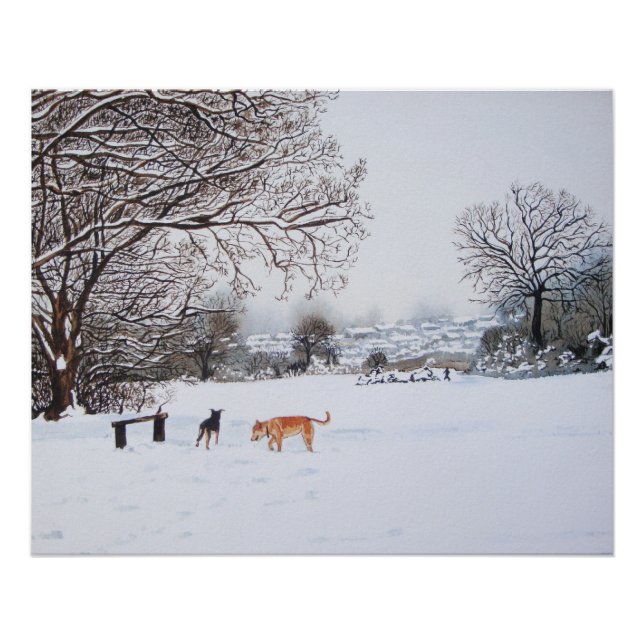 Póster paisaje de nieve en invierno con árboles y perros (Anverso)