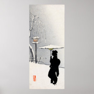 Póster Paisaje de nieve y Geisha japonesa