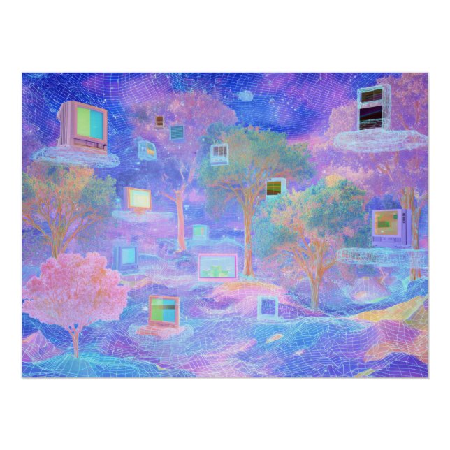 Póster Paisaje de nubes vaporwave con ventanas flotantes (Anverso)