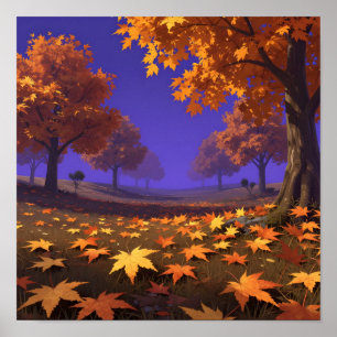 Póster Paisaje de otoño con hojas de arce