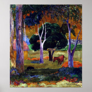 Póster Paisaje de Paul Gauguin con cerdo y caballo