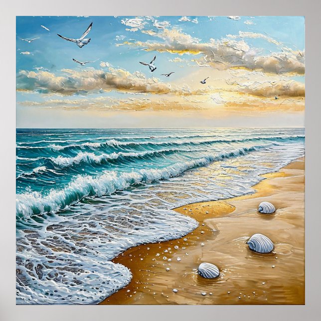 Póster Paisaje de playa serena con olas, conchas marinas (Frente)