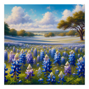 Póster Paisaje de pradera de Texas Bluebonnet