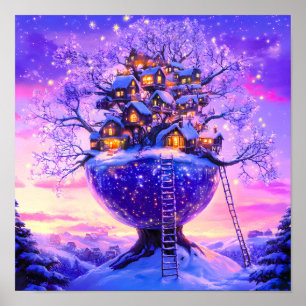 Póster Paisaje de pueblo de árboles nevados de fantasía d