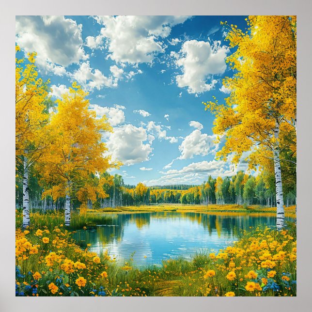 Póster Paisaje de Serene Scene Lake con árbol de caída am (Frente)