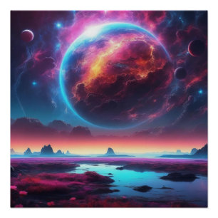 Póster Paisaje de sueño cósmico con un planeta feroz