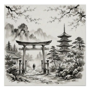 Póster Paisaje de tinta lavada de Kioto Japón