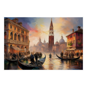 Póster Paisaje de Venecia con góndolas y San Marco  