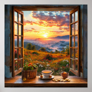 Póster paisaje de ventana falsa